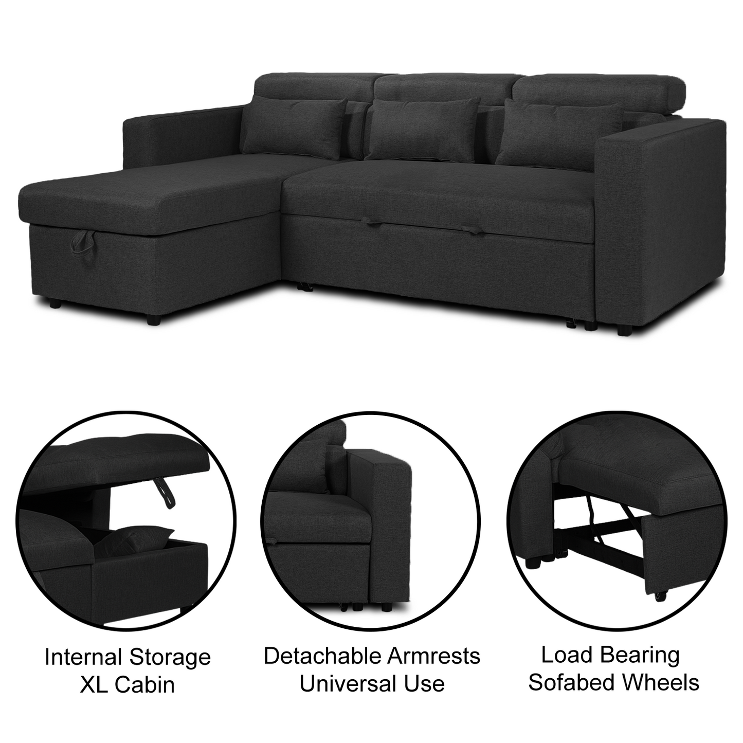 Willow Chaise | Storage Chaise Sofa Bed | Black